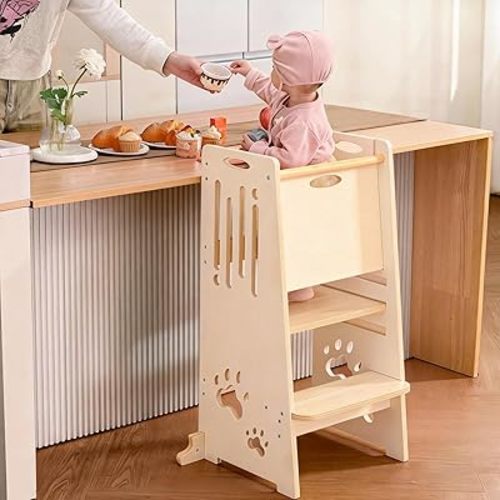 Toddler Tower Height-Adjustable Natural Step Stool with Sliding Safety Door