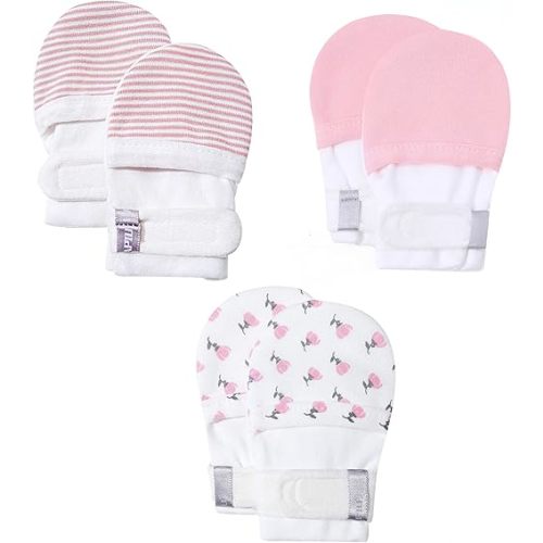 HAPIU Baby No Scratch Mittens Stay On, 100% Cotton Breathable, Adjustable Infant Gloves for Boys Girls, Newborn - 12 M