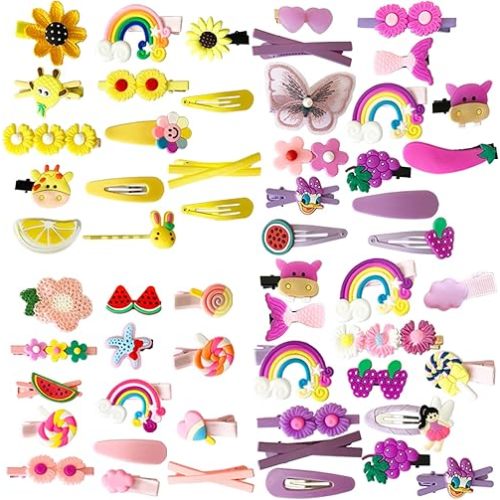 Hair Clips 56pcs, Cute Baby Girl Hair Pins Hair Barrettes Set, Kids Hair Accessories Rainbow Candy Mermaid Flower Fruit Set (Purple/yellow/pink)