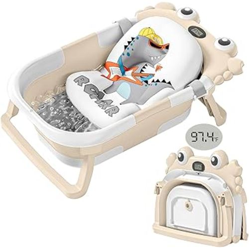 Collapsible Baby Bathtub for Newborns with Thermometer and Soft Floating Cushion Portable and Foldable Travel Baby Boy Bath Tub for Infants to Toddler 0-36 Month (Beige)