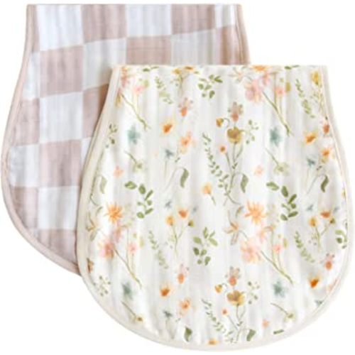 LifeTree Muslin Baby Burp Cloths - Soft 2 Pack 70% Viscose from Bamboo and 30% Cotton Large 22'' by 10'' Absorbent Milk Spit Up Rags - Burping Cloths for Newborn, Girls Boy (Floral & Checkerboard)