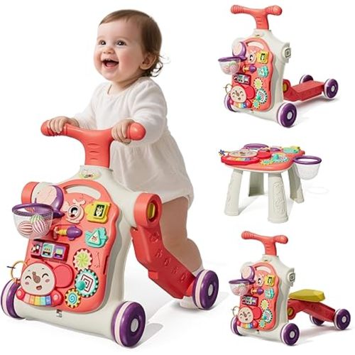 HYES 5 in 1 Baby Push Walker for Baby Boy, Activity Center Learning to Walk, Sit to Stand, Early Learning Push Toys for Infant 12 Months, Walking Toys Gift for Toddler Boys, Blue