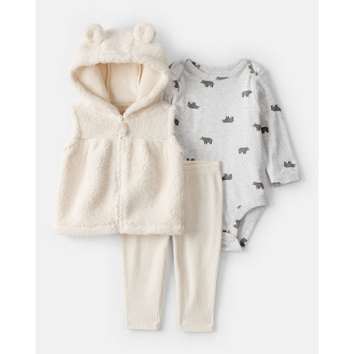 Baby Girl 3-Piece Bear Print Sleeveless Jacket, Bodysuit & Pant Set - White - Carter's | Carter's