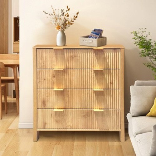 4 Drawer Wood Dresser, Waveform Fluted Panel Dresser, Modern Dressers for Storage Chest Drawers, for Living Room, Bedroom, Nursery Hallway Closet