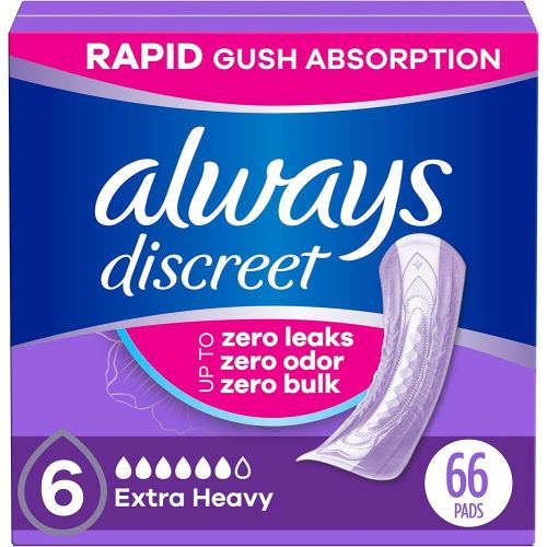 Always Discreet Adult Incontinence Pads for Women, Extra Heavy Absorbency, Regular Length, Postpartum Pads, 66 Count (2 Packs of 33)