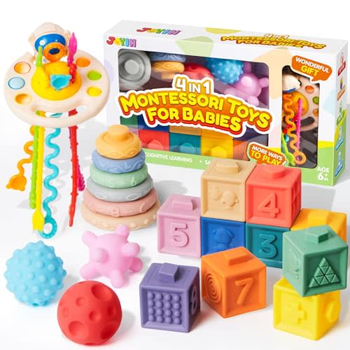 JOYIN Baby Toys - Montessori Toys for Babies 6-12 Months, Food-Grade Sensory Present Infant Stacking Circles Teether, Blocks, 3D Stress Balls, Pull String, Learning Gifts for Baby Girls Boys