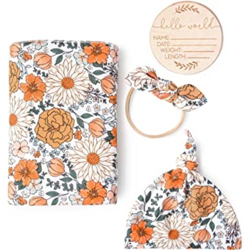 Konssy Baby Girl Newborn Receiving Blanket with Matching Headband and Beanie Set Baby Swaddle Nursery Swaddle Wrap