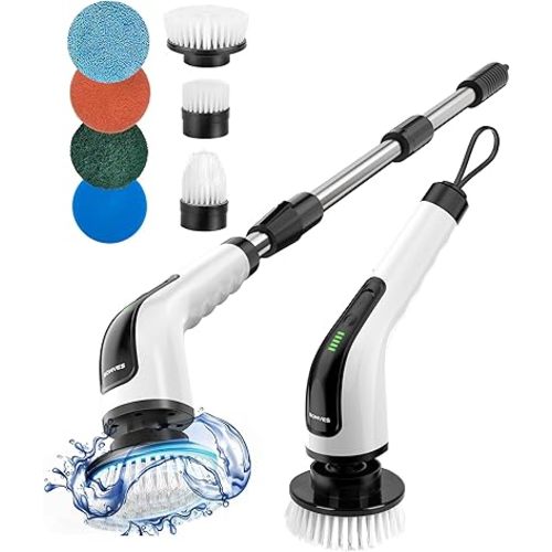 Electric Spin Scrubber, Cordless Cleaning Brush Scrubber for Home, 8 Replaceable Brush Heads-90Mins Work Time, 3 Adjustable Size, 2 Speeds for Bathroom Shower Bathtub Glass Car