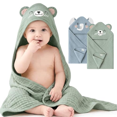 Konssy 2-Pack Muslin Baby Hooded Towels, 100% Cotton, Soft and Absorbent Baby Bath Towels for Newborn, Infant & Toddler with Animal Hooded Design(Elephant & Bear)