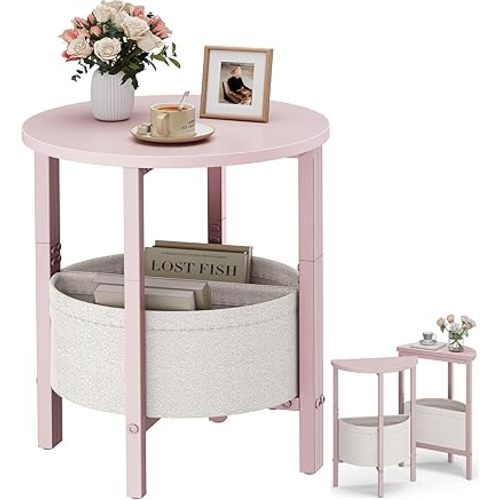 Vagusicc Small Round Side Table, Accent End Table with Storage Basket, Set of 2 Half Round Coffee Table End Table, Half Moon Bedside Table, Modern Nightstand Couch Table for Living Room Bedroom, Pink