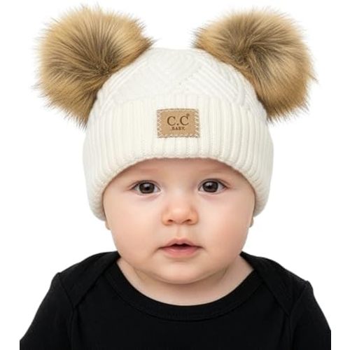 Funky Junque Double Pom Pom Baby Beanie – Newborn Girl Winter Hat 0–12 Months, Cute Cozy Knit Infant Beanies for Cold Weather