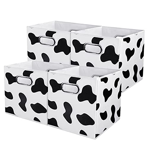ANMINY 4PCS Cow Print Storage Cubes, 11 Inch Cute Storage Box Baskets with Handles Washable Foldable Cotton Linen Fabric Small Storage Bins for Desktop Closet Shelf Organizer Container Home Office