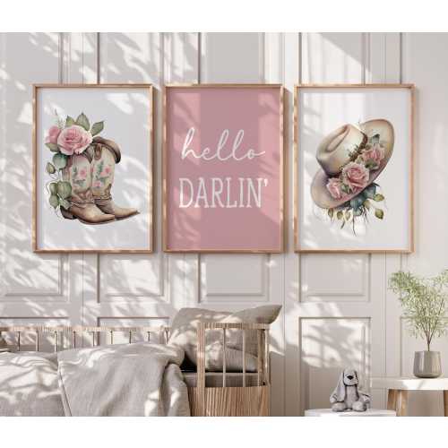 Pink Floral Cowgirl Western Wall Art Prints - Baby Girls Nursery Wall Art - Nursery Decor Prints - Little Girls Bedroom Decor