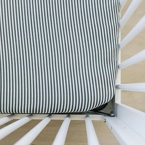 Green Stripes Muslin Crib Sheet by Mebie Baby, Soft and Breathable Bed Sheets for Babies, Modern Neutral Bedding for Cribs, Standard Crib Mattress Fitted Sheet, Great for Boy or Girl Room