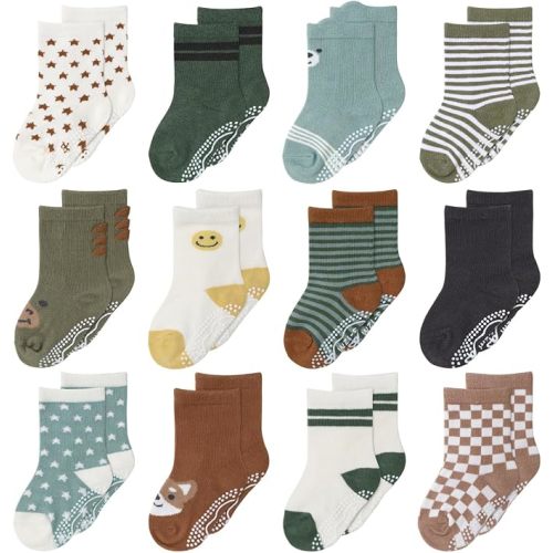 The Peanutshell Organic Baby Unisex Socks 0-24 Months Set of 12 - Non-Slip Grip Soft Cotton Newborn & Toddler Socks - Neutral