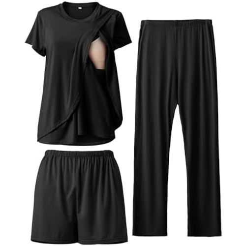 Rnxrbb 3 Piece Postpartum Nursing Pajamas Set Maternity Breastfeeding Pjs