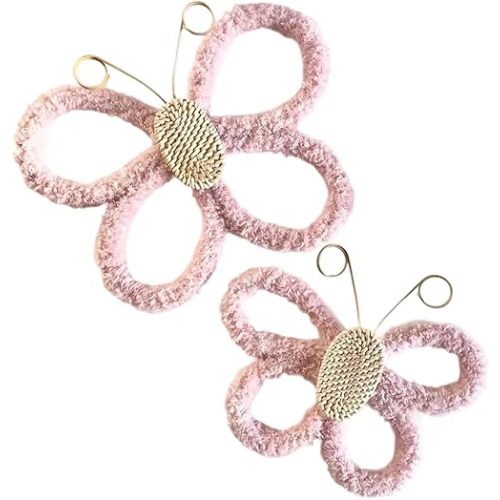 2 Pieces Butterfly Wall Art Decor Wall Hanging Decoration Boho, Bohemian Modern Art Crafts for Bedroom, Office, Kids Room, Pink