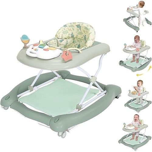 5 in 1 Foldable Baby Walker,Activity Baby Walker-Baby Bouncer,Rocker,Activity Center,Seat and Push Walker,Detachable Footrest Mat,Adjustable Speed Rear Wheels and Height,Ages 6-18 Months (Light Green)