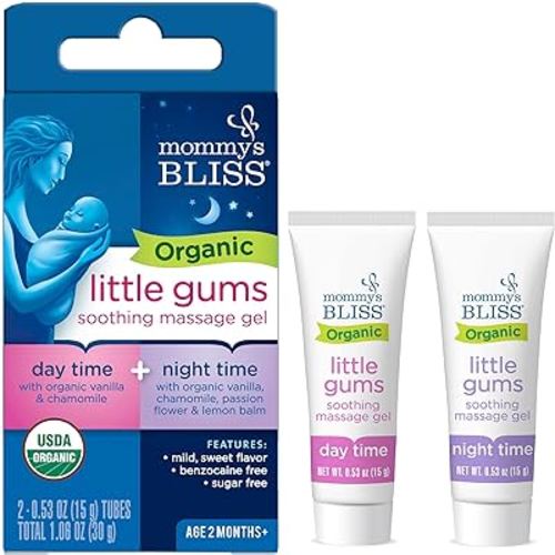 Mommy's Bliss Organic Little Gums Soothing Massage Gel Day and Night Combo, Great for Teething Babies, Age 2 Months+, Sugar Free, Mild & Sweet Flavor, 2 - 0.53 Oz Tubes (Pack of 1)