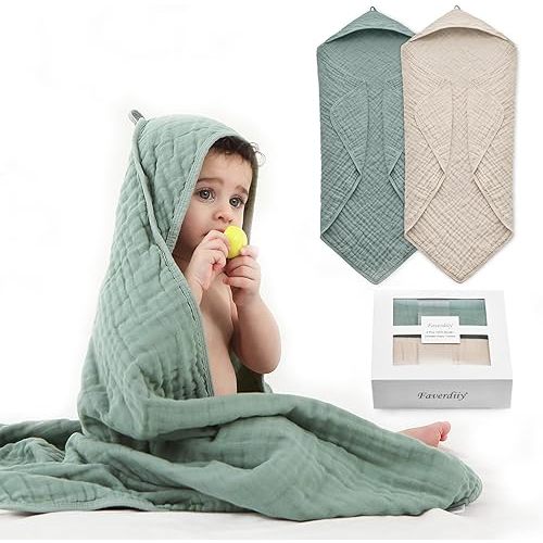 Hooded Baby Towels for Newborn, 35x35 Inch 2 Pack 100% Muslin Cotton Baby Bath Towel, Soft Baby Beach Towels with Hood for Infants, Toddlers and Kids, Essentials Must Haves