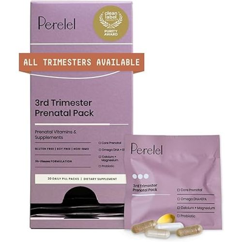 Perelel 3rd Trimester Prenatal Pack, Multivitamin with Magnesium, Omega 3, Probiotics & Calcium, Nutritional Support for Third Trimester Wellness, Soy & Gluten Free, Non GMO, 30 Daily Pill Packs