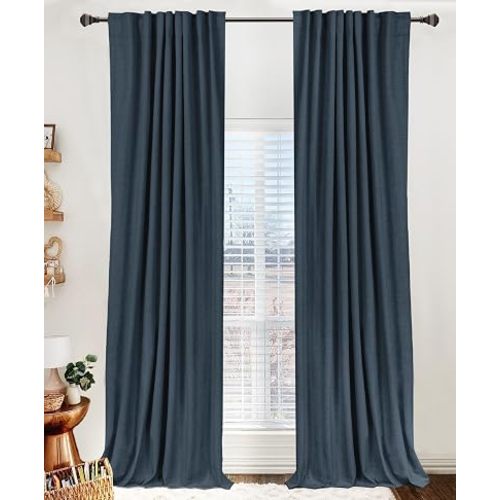 Linen Textured Total Blackout Curtains for Bedroom 84 Inches Long, Navy