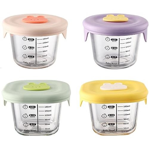 Baby Food Jars Infant Food Containers 4Pcs 230ml Round & Square Non-Toxic Glass Jars with Silicone Lid & Scale -20-400℃ Resistant Microwavable Storage Containers