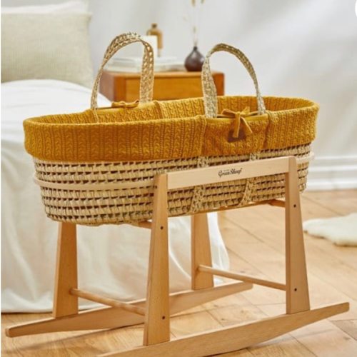 Organic Knitted Moses Basket, Mattress & Natural Rocking Stand Honey ‐ The Little Green Sheep