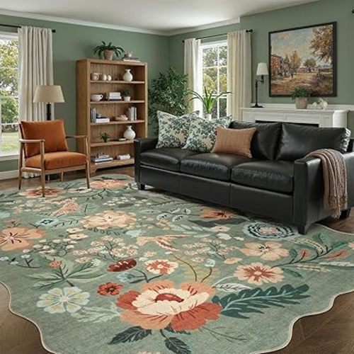 DCX Vintage Floral Washable Area Rug 5x7, Non Slip Low Pile Rug, Sage Green