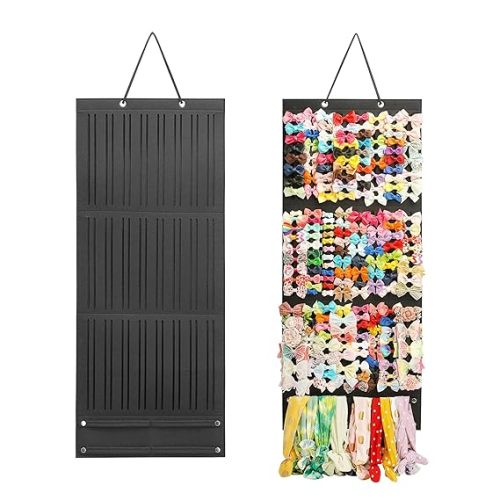 PACMAXI Baby Girl Hair Bows Holder, Hair Clips Storage Hanger For Ribbons, Hair Bows Organizer, Baby Hair Clip Storage Display Sturdy Stand, Wall Hanging for Girl Room (Black, Large)