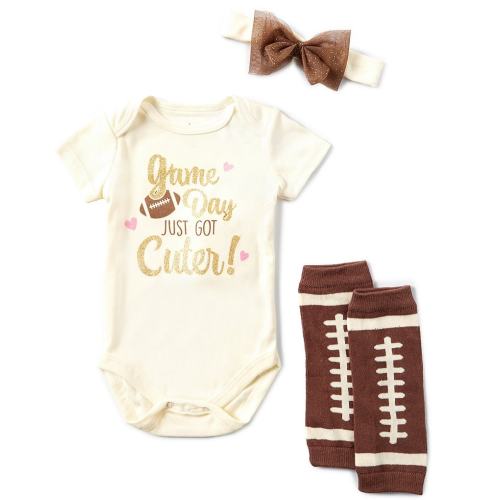 Baby Starters Baby Girls Short Sleeve Game Day Bodysuit & Football Print Leg Warmers & Bow-Accented Headband Set