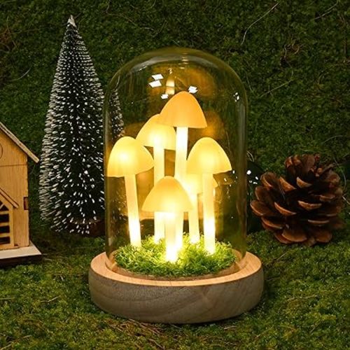 QUELIEN Mushroom Night Light in Glass Dome - Warm White LED Mushroom Lamp for Home Decor, Unique Housewarming Gifts for Women Mom, Bedroom Office Desk Decor