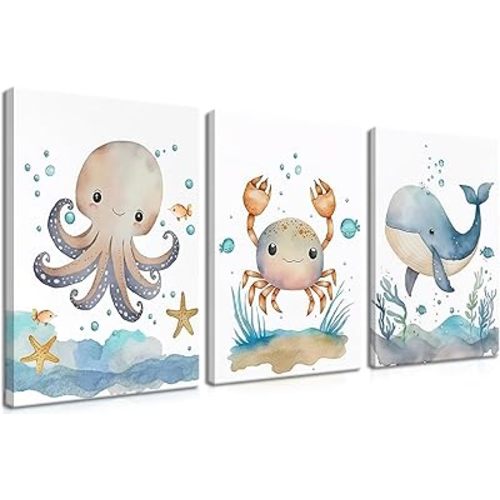 Ocean Nursery Wall Art Set of 3, Sea Animal Baby Boys Room Canvas Wall Decor Paintings, Watercolor Ocean Kids Nursery Posters Prints Pictures for Boys and Girls Room, Bedroom 12x16 Inch Framed