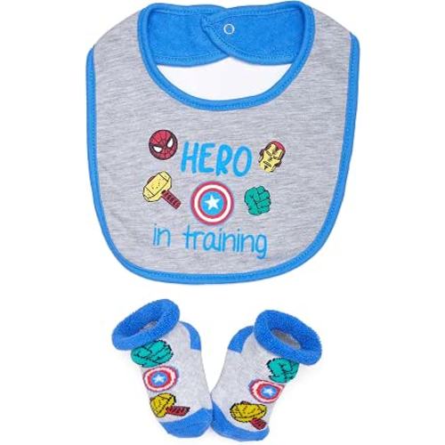Superhero Baby Boy Bib Gift Set - Super Hero Bootie Sock Set (Grey, 0-12M)