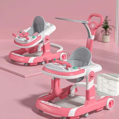 PUEDO 5-in-1 Foldable Baby Walker with Foot Pads/Handles for Boys and Girls 6-36 Months, Pink