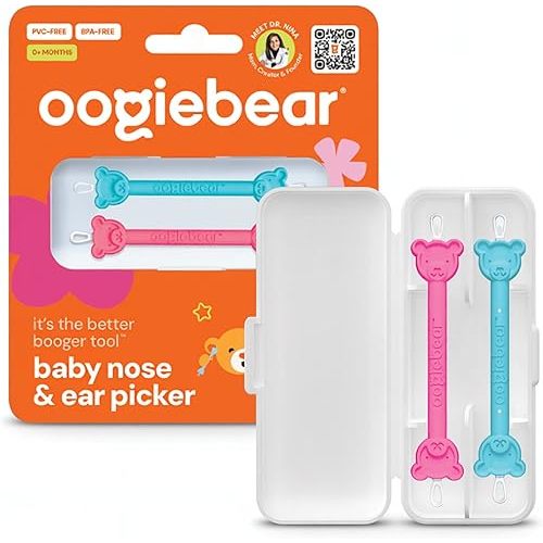 oogiebear: Baby Nose Cleaner & Ear Wax Removal Tool - Safe Booger & Earwax Removal for Newborns, Infants, Toddlers - Dual-Ended - Essential Baby Stuff, Diaper Bag, Raspberry & Seafoam with case