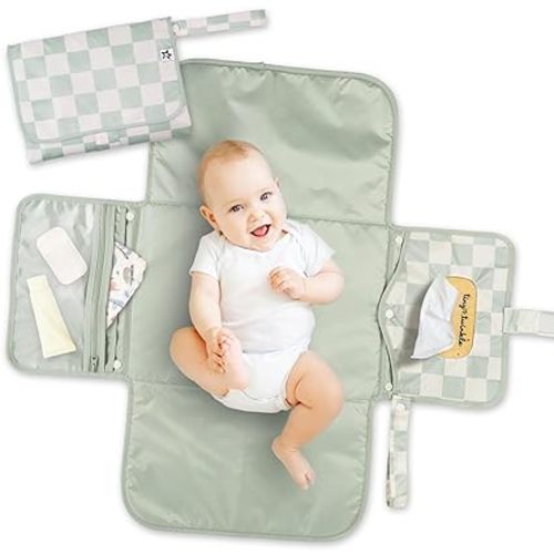 Tiny Twinkle Portable Diaper Changing Pad | Waterproof, Wipeable & Compact Baby Changing Pad for Travel | Smart Wipes Pocket & Organized Storage| Newborn Shower Gift (Sage Checkers)