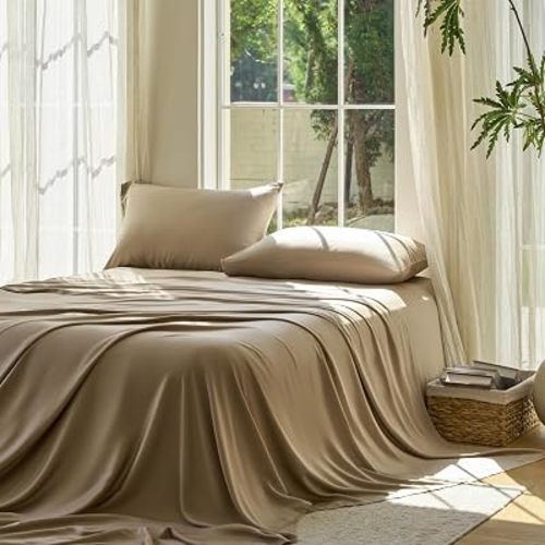 DOZ Sheet Set, 100% Viscose derived from Bamboo, Organically Grown, Buttery Soft, Cooling Sheets, High GSM, Deep Pockets - 4 Piece - 2 Pillowcases 1 Fitted 1 Top Sheet (Dune, Queen)