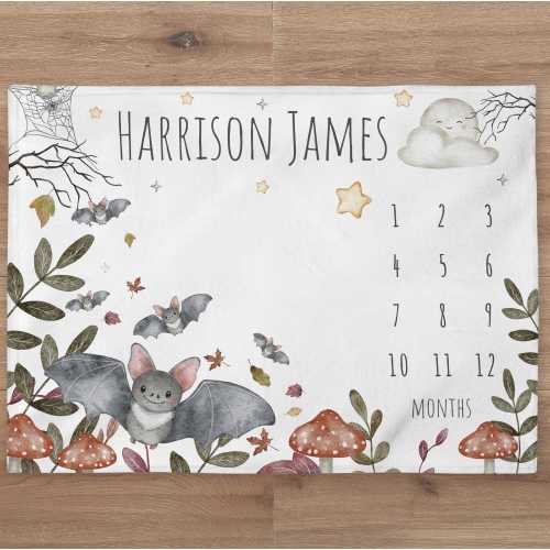 Bat Milestone Blanket Personalized Baby Boy Month Blanket Halloween Nursery Custom Growth Newborn Calendar Tracker New Mom Baby Shower Gift