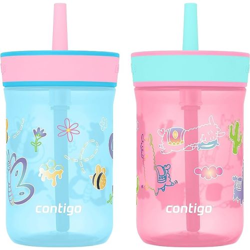 Contigo Leighton Kids Water Bottle, 2-Pack, 14oz, Spill-Proof, Blue Raspberry/Azalea & Butterlies/Llamas, Dishwasher Safe Tumbler with Straw