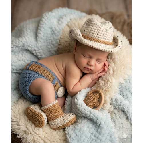 Handmade Crochet Cowboy Baby Outfit – Hat, Boots & Diaper Cover Set – Western Photo Prop