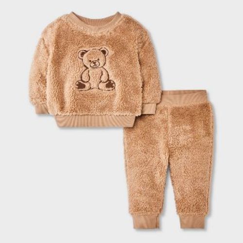 Baby 2pc Faux Shearling Teddy Bear Sweatshirt and Jogger Pants Set - Cat & Jack™ Brown Newborn