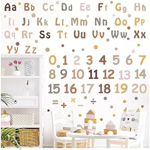 Boho Alphabet Wall Decals Neutral Number Wall Decals Peel and Stick Watercolor Letter Decal ABC Wall Stickers Removable Educational Learning Wall Stickers for Kids Room Playroom Classroom Decor