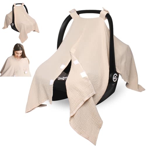 Baby Car Seat Cover Muslin Infant Carseat Canopy, Peekaboo Opening Car Seat Covers, Unisex Large Universal Fit Lightweight Breathable Newborn Breastfeeding Nursing Covers