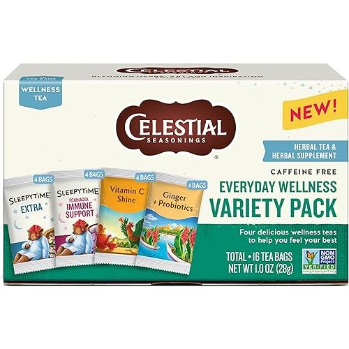 Celestial Seasonings Everyday Wellness Tea Variety Pack, Caffeine Free, 16 Tea Bags Box