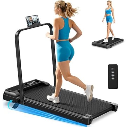 Walking Pad Treadmill with 8% Incline & Handle Bar, Portable Under Desk Treadmill for Home Office, Compact Foldable Treadmill Quiet Anti-Slip, 0.6-3.8 MPH Remote Speed Control, 350LBS Capacity