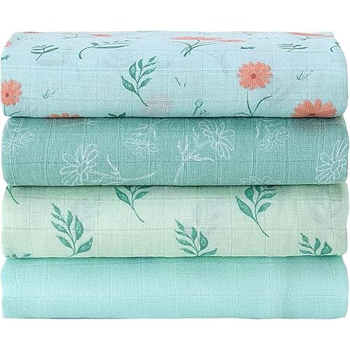 Viviland Muslin Swaddle Blankets, Breathable and Skin-Friendly Baby Receiving Blankets, 4-Pack Plants, 47 x 47 inches