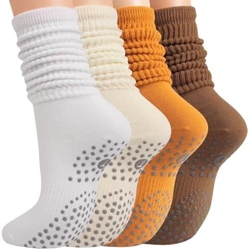 Grip Pilates Slouch Socks for Women, Non Slip Scrunch Yoga Barre, Grippy Slouchy Knee High Boot Socks for Hospital