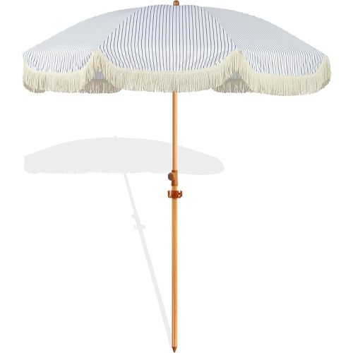 6.5ft Patio Umbrella with Fringe, Beach Umbrella, Fringe Umbrella Outdoor Patio with Hanging Hook, Tilting Aluminum Pole, UV 50+, Fiberglass Ribs, Blue White Stripe
