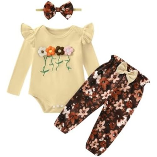 Baby Girl Outfits Long Sleeve Ruffle Romper and Pants Sets 0-18M
